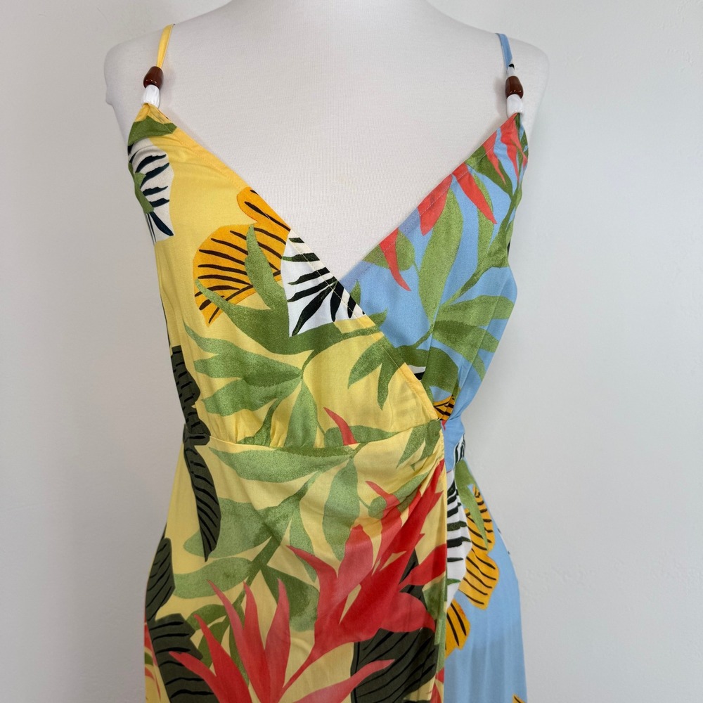 Desigual Tropical Floral Wrap Midi Dress Yellow Boho Resort Beach Vacation M - Picture 5 of 15